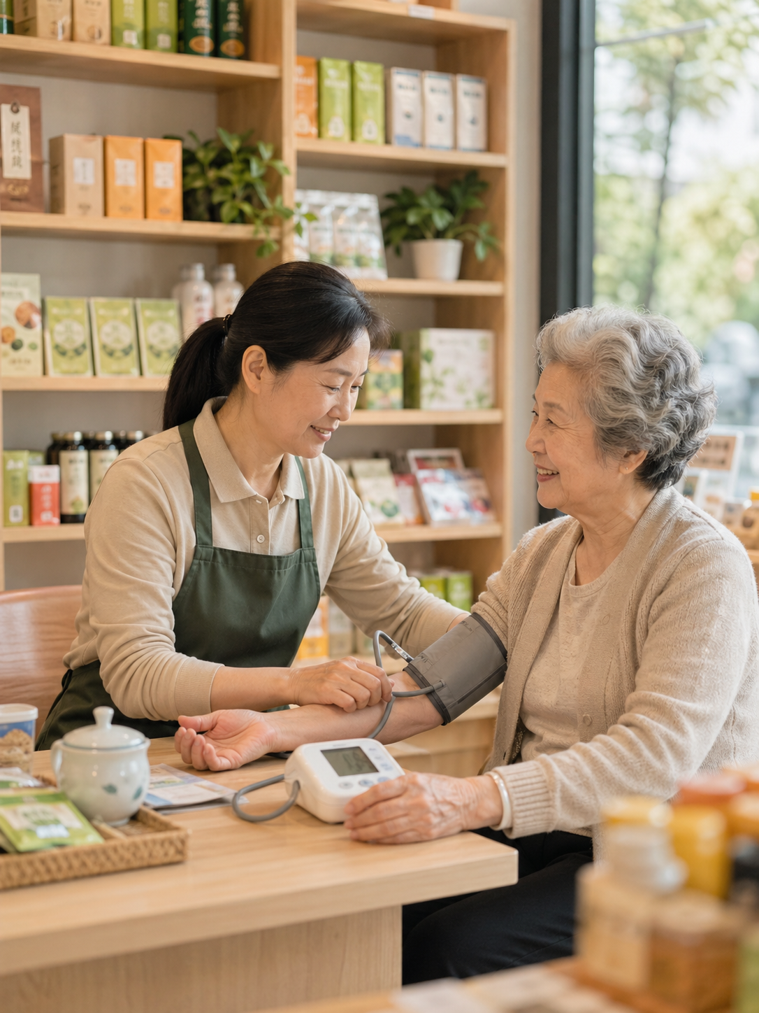 店内为老人测量血压的真实配图